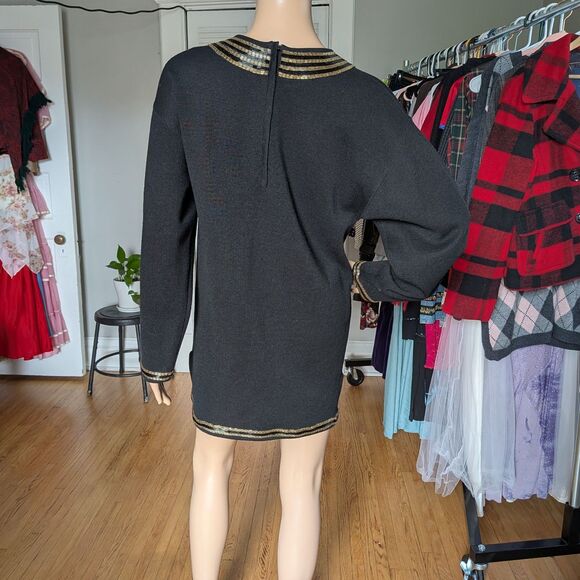 Vintage 80s Harve Benard Wool Sweater Dress Double Knit Beaded Rose Size S - Picture 2 of 15